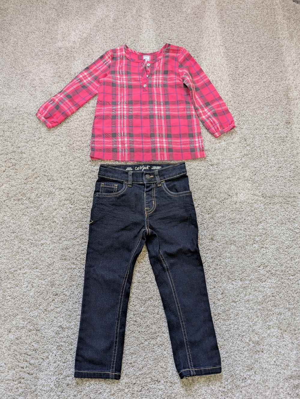 Girls 2pc Plaid Long Sleeve Top & Skinny Denim Pants Set Pink - 3T NWOT